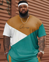 Men's Large Size Contrasting Color Patchwork T-shirt & Shorts Two-piece Set